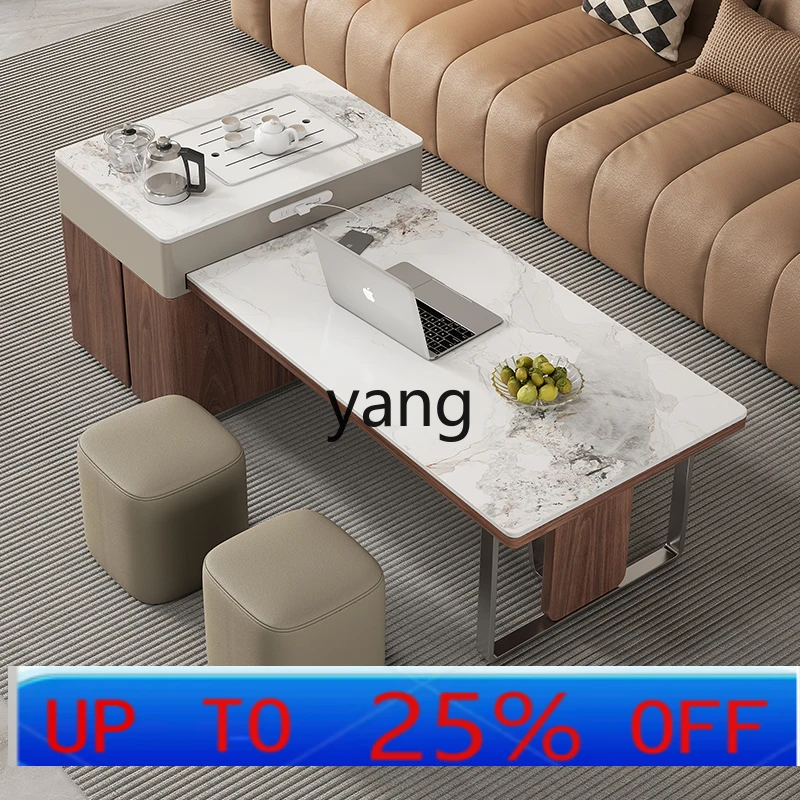 

LMM Island Coffee Table Extendable Living Room Home Small Apartment Rock Board Vintage Light Luxury Tea Making