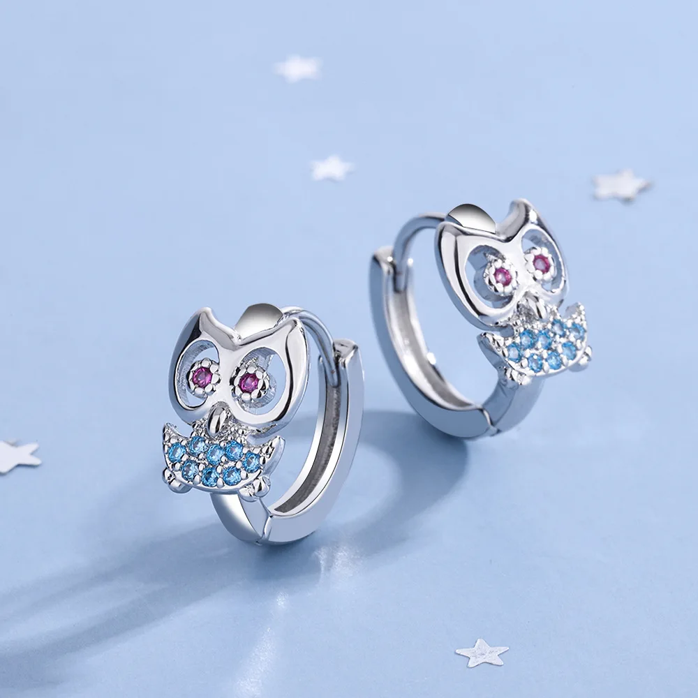 Stamp 925 Sterling Silver Crystal Cute Animals Hoop Earrings for Women Simple Korean Owl Earring Wedding Party Jewelry Gift