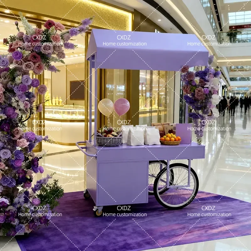 Wrought Iron Flower Cart Mobile Stall Trolley for Market Shopping Mall Snack Promotion Movable Display Stand
