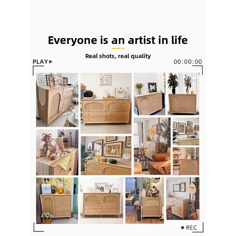 log wind chest cabinet, bedroom storage cabinet, living room wall five bucket rattan storage drawer cabinet