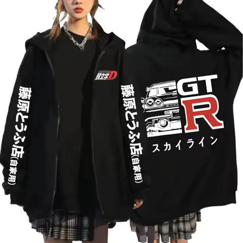 Anime Initial D Drift AE86 Zipper Hoodie Casual Vintage Zip Up Hooded Sweatshirts JDM Car Oversized Hoodies Cardigan Jacket Coat