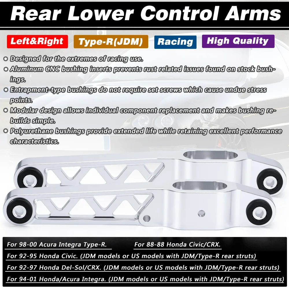 1 Pair Rear Billet Aluminum Lower Control Arms For 92-95 Honda Civic 94-01 Acura Integra Type-R JDM Strut Suspension