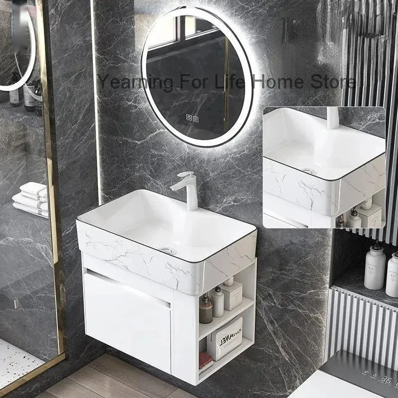 

Minimalist Mini Bathroom Cabinet with Side Storage Ceramic Integrated Basin Bathroom Vanity Cabinet with Sink Bathroom Furniture