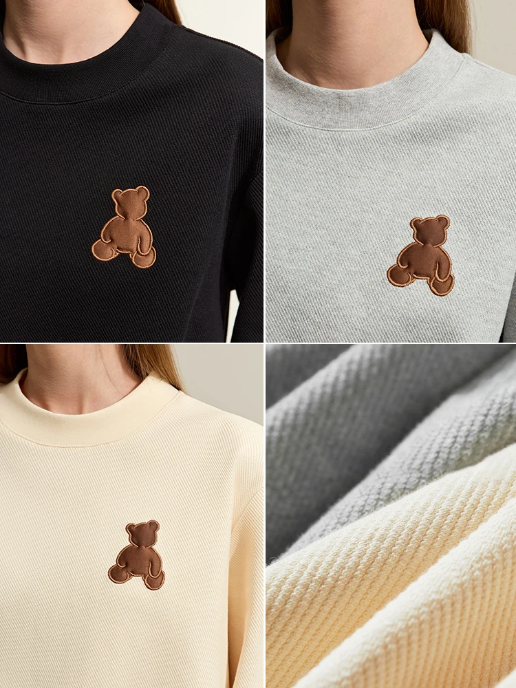 AMII Minimalism Hoodies For Women Spring New 2024 Round Neck Bear Applique Embroidery Drop Sleeve Casual Lady Pullovers 12421056