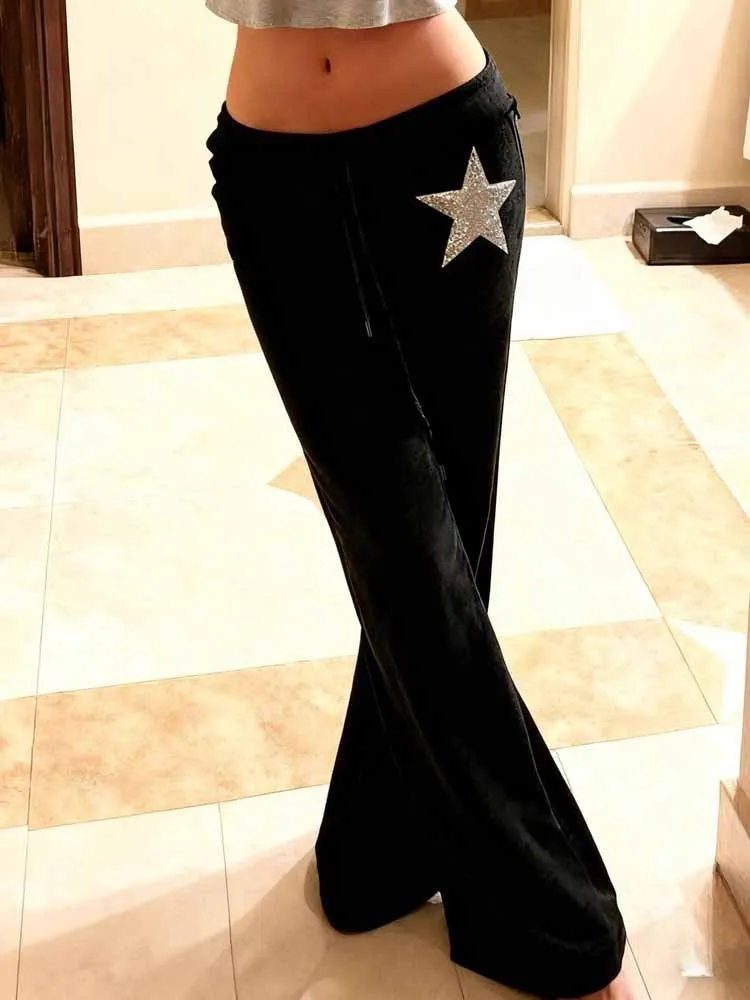 2026 Spring/Summer Star Printed Sparkle Casual Bell bottom Pants Harajuku Women's Low Waist Velvet Sports Pants