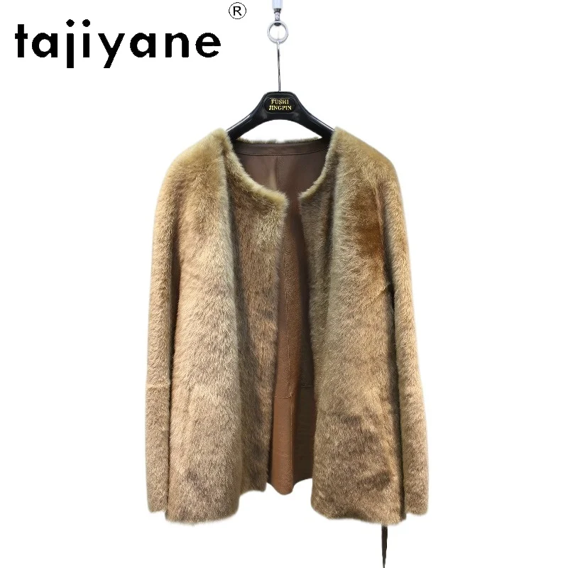 TAJIYANE Natural Baby Lacon Lamb Shearling Real Fur Coat Women Round Neck Outerwear Mid Length Fur Jacket Winter Overcoat Шуба