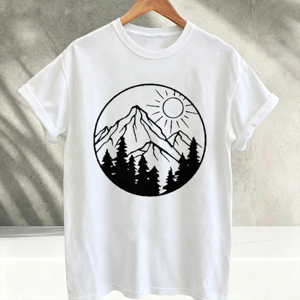Mountain Pine Tree Sun Circle Line Art Outdoor Graphic T-Shirt Wilderness Nature Print Unisex Hiking Camping Lover Cotton Tees