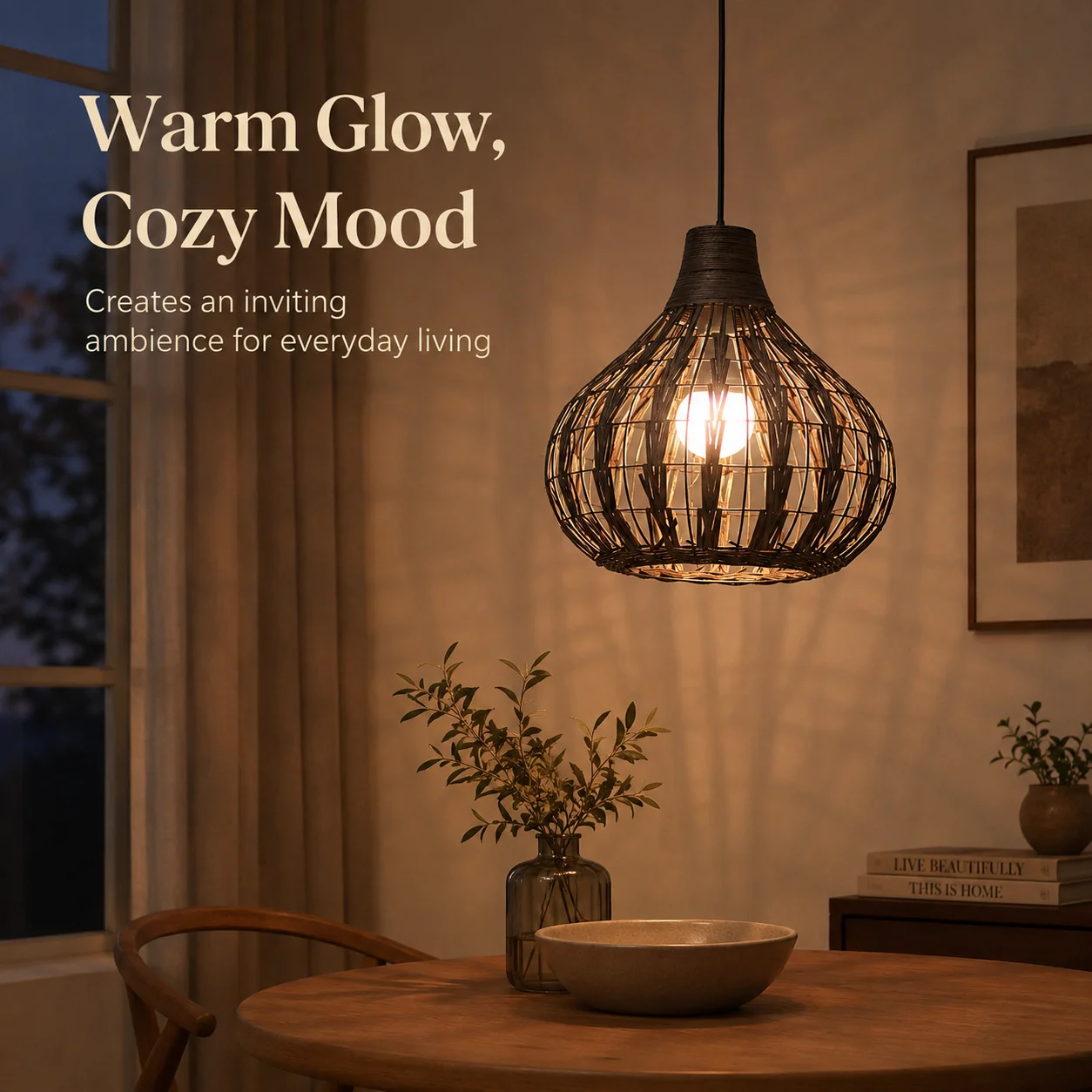 JOYINLED 33cm Coffee Brown Rattan Pendant Light, E26/E27 Woven Hanging Lamp for Dining Room, Kitchen Island, Bulb Not Included