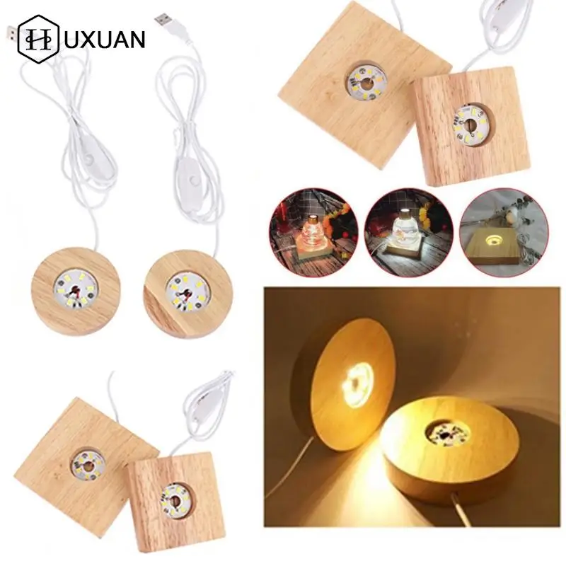 Wooden LED Light Dispaly Base Crystal Glass Resin Art Ornament Wooden Night Lamp Base LED Light Rotating Display Stand 7/8cm