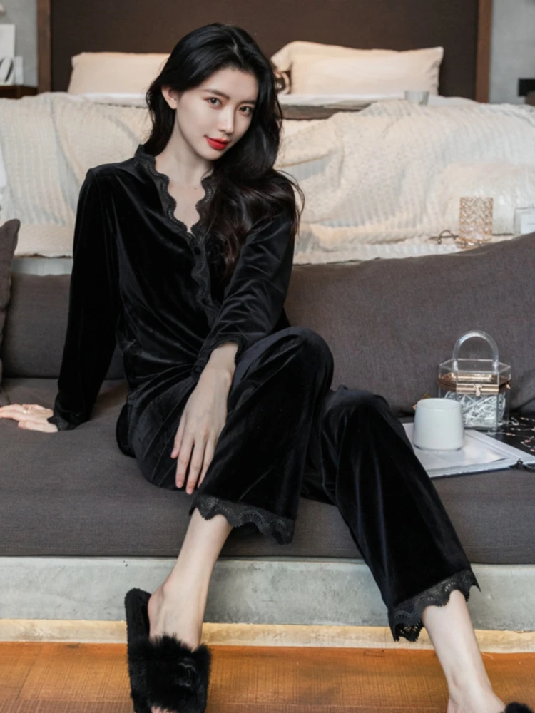 Sexy Lace Splicing Pajamas Suit Women Spring Autumn New Korean-Style Long-sleeved Top+Trousers Fashion 2-Piece Home Clothes 2XL