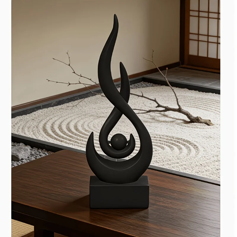 Black Abstract Resin Sculpture Twisted Flowing Curve Art Statue with Square Base Modern Minimalist Desktop Ornament Home