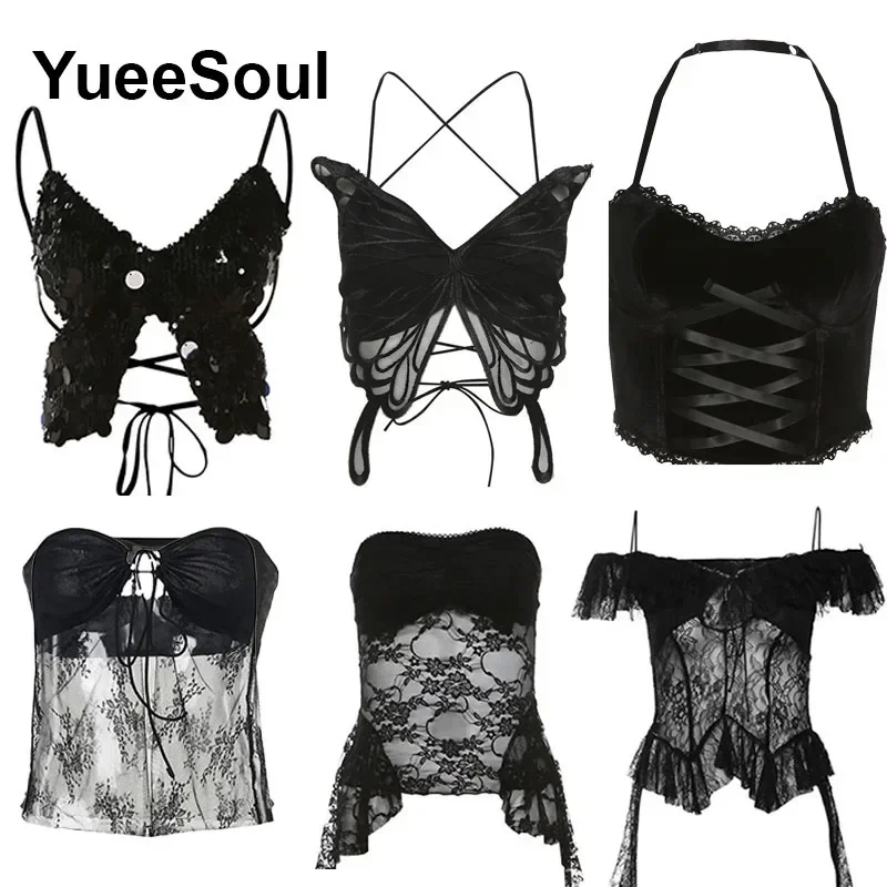 Gothic Punk Crop Tops Black Lace Transparent Sleeveless Slim Tank Top 2024 New Fashion Sexy Goth Grunge Punk Harajuku Camis