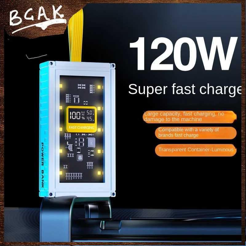 30000mAh 50000mAh 120W Fast Charging Transparent Power Bank 200000mAh Large-capacity Mobile Power Supply BCAK Mobile Phones Hot