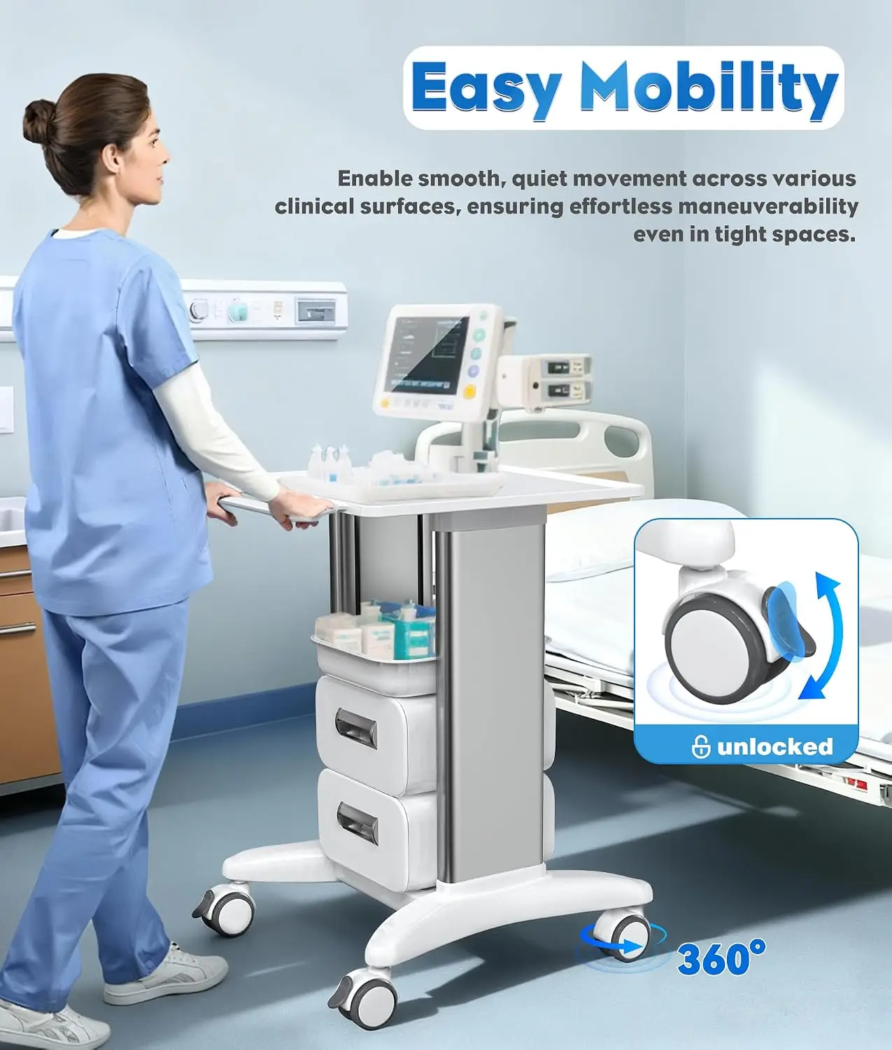 Medical Trolley Cart with Drawers & Trays, 220 LBS Load Hospital Mobile Ultrasound Cart with 4 Silent Swivel, Customized - view 4