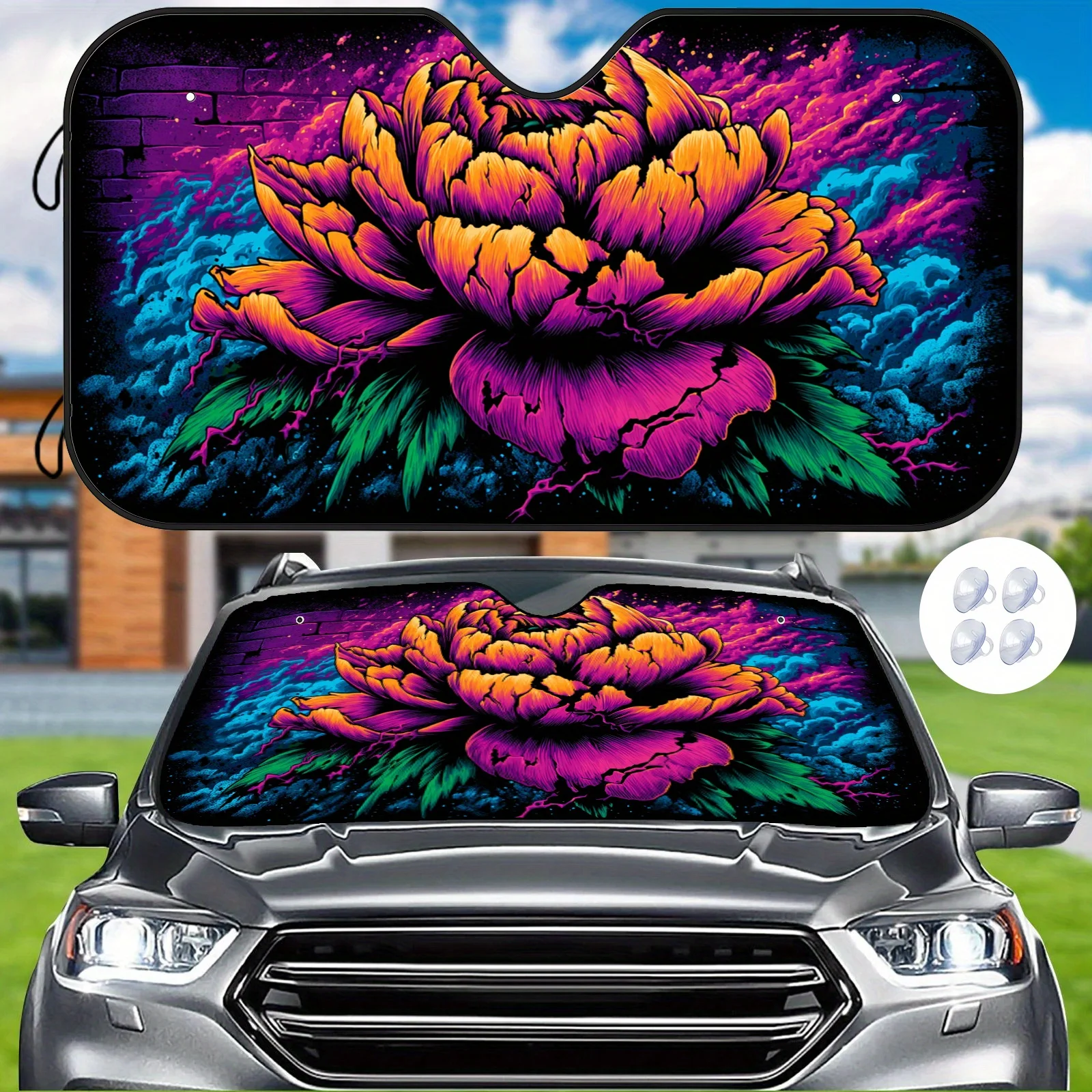 [] Vibrant Peony Car Windshield Sunshade With Neon Wall Art Style, Easy Installation, Sun Protection, Includes High-Quality Suct