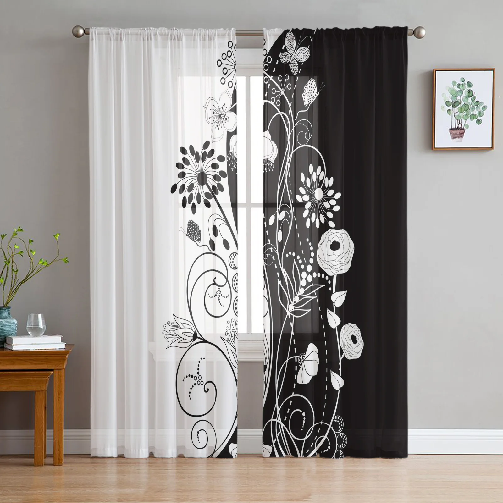 

Black And White Flower Pattern Tulle Curtains for Living Room Bedroom Decoration Transparent Chiffon Sheer Voile Window Curtain