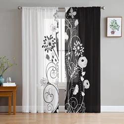 Black And White Flower Pattern Tulle Curtains for Living Room Bedroom Decoration Transparent Chiffon Sheer Voile Window Curtain