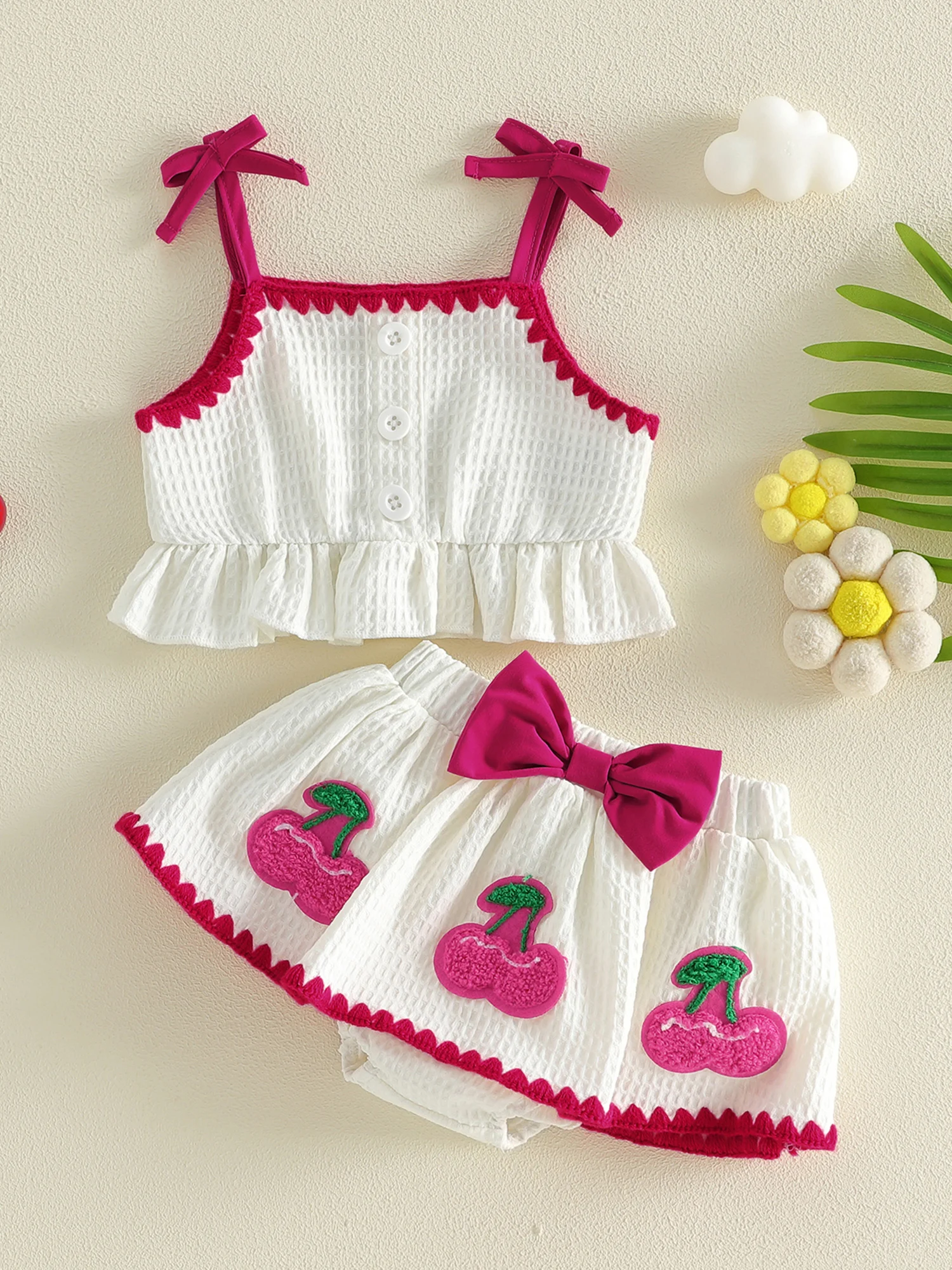 

Комплект из топа без рукавов с цветочным принтом и джинсовых шорт для маленьких девочек, с бантом и рюшами по низу, летний наряд для девочек