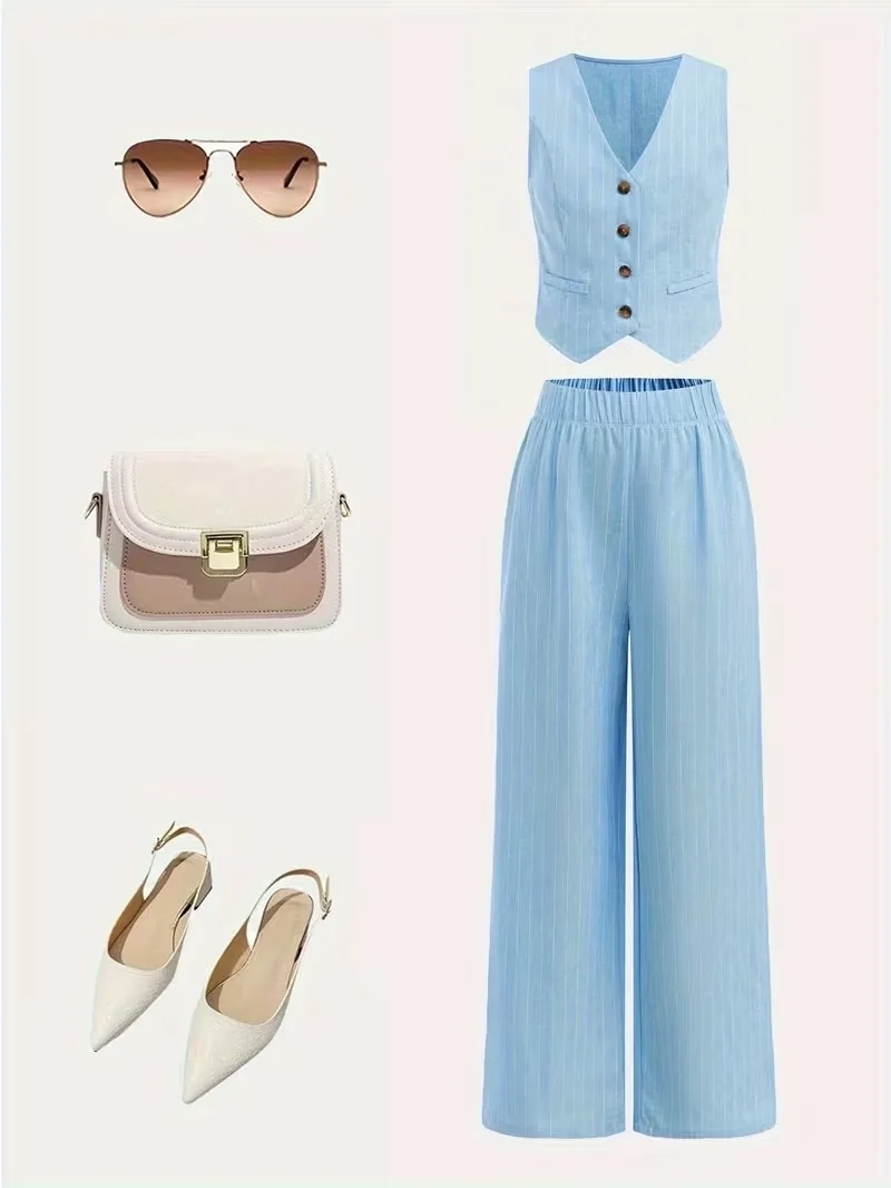 2-teiliges hellblaues Outfit für Mädchen, Weste mit V-Ausschnitt und Knöpfen, Oberteil und Hose mit hoher Taille und weitem Bein, lässiges Urlaubsset für Kinder – Detail 2