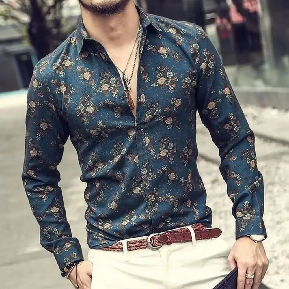 Men Casual Button Down Silk Satin Vintage Floral Print Shirts Male Slim Long Sleeve Classic Design Shirt Fashion Slim Shirt Tops