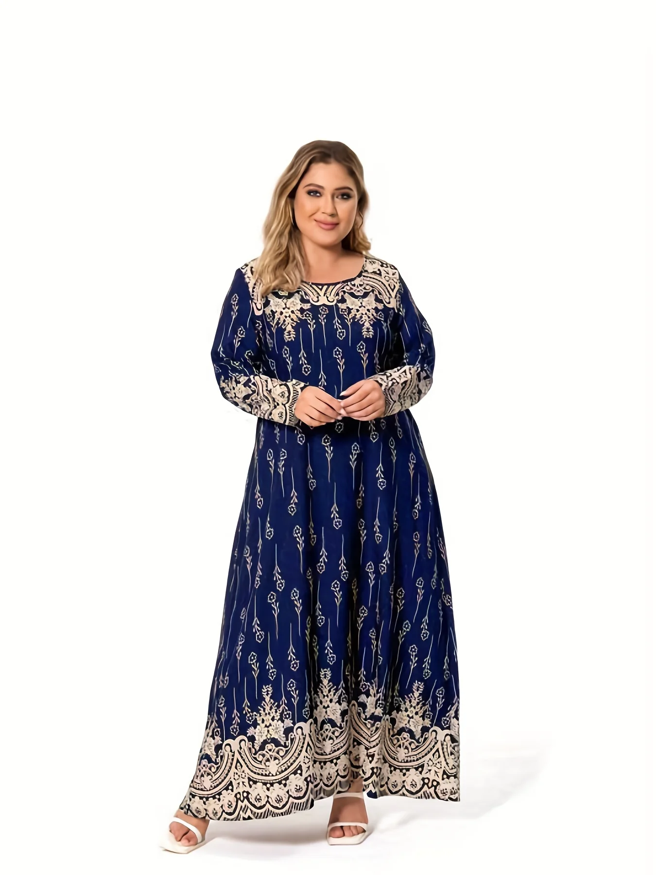 Plus size women\'s spring & summer round neck polyester non-elastic band ethnic print fashionable simple long-sleeved long dress。