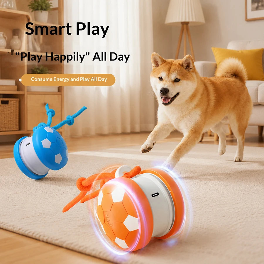 Smart Interactive Dogs Toy Balls Pets Dual-Wheel Spinning Electric Ball USB Rechargeable Soccer-Shaped Cat Toys With Tail String