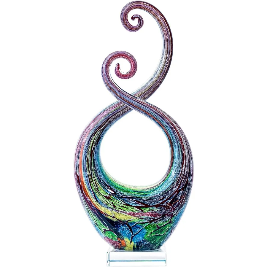 

14" Tall Hand Blown Glass Abstract Sculpture with Base Outdoor-Ready Handcrafted Glass Decor for Patio Garden Home and Office D