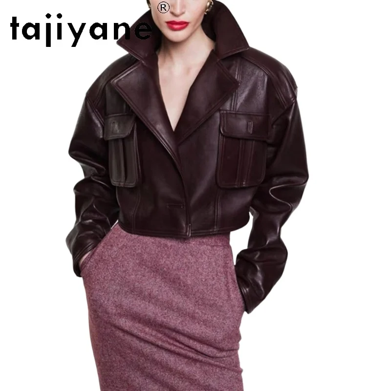 TAJIYANE Retro Sheepskin Oversized Motorcycle Coat Genuine Leather Jacket Woman Short Lapel Jackets Womens Winter Coats Burgundy