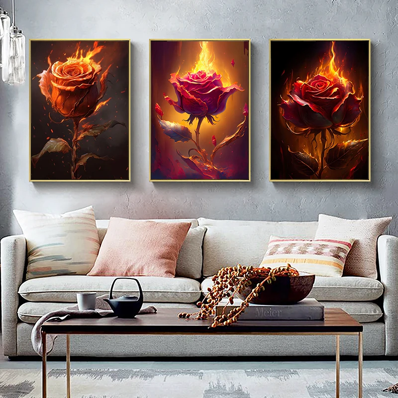 Abstract Burning Rose Painting Canvas Poster Fiery Love Wall Art Picture for Living Room Bedroom Playroom Bar Modern Home Decor