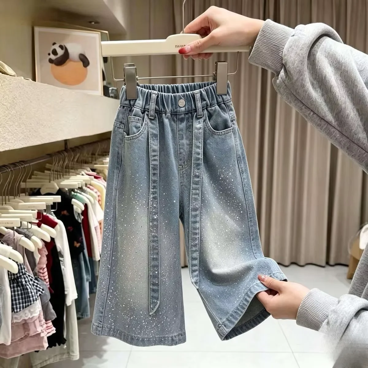Spring Autumn Girls Wide Leg Jeans Casual Denim Pants Fashion Kids Rhinestone Stars Long Trousers Children Clothing 100-150CM
