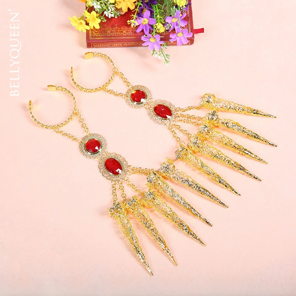 เครื่องประดับแหวนใส่นิ้วเล็บนิ้วทองแบบอุปกรณ์ประกอบการเต้นเล็บยาวสีทองโชว์เล็บยาวอัญมณีอินเดียเครื่องประดับมือสำหรับเต้นรำ