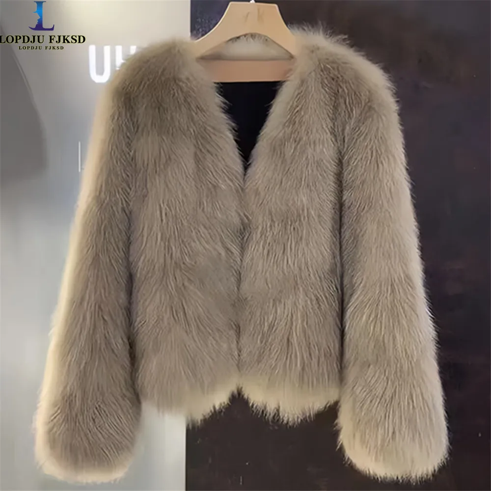 

Faux Fox Fur Coats for Women, Covered Button Jackets,Female Overcoat,Thicken Warm Clothes,V-Neck ,High Quality,New ,Winter