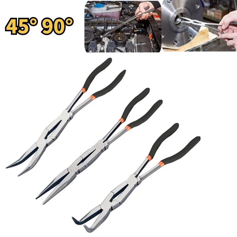 13Inch Extra Double Long Nose Pliers Cable Puller Needle Nose Pliers 45/90 Degree Long Reach Straight Pliers Car Repair Tool