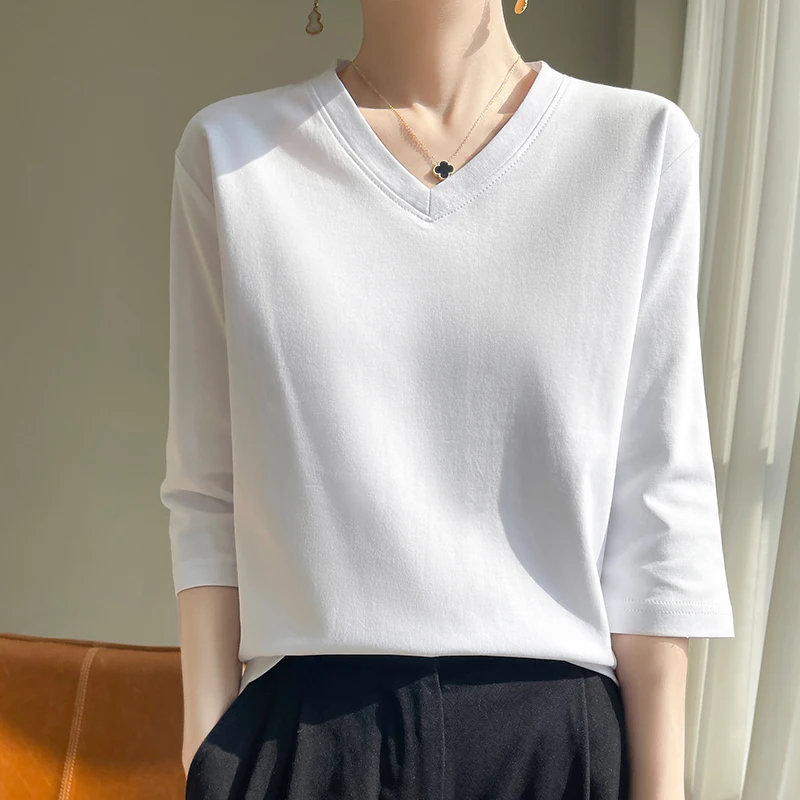 ZOCEPT Solid Mercerized Cotton T-Shirts Women Spring Summer Casual Three Quarter Sleeve Loose V-Neck Tops Female T Shirt Blouse