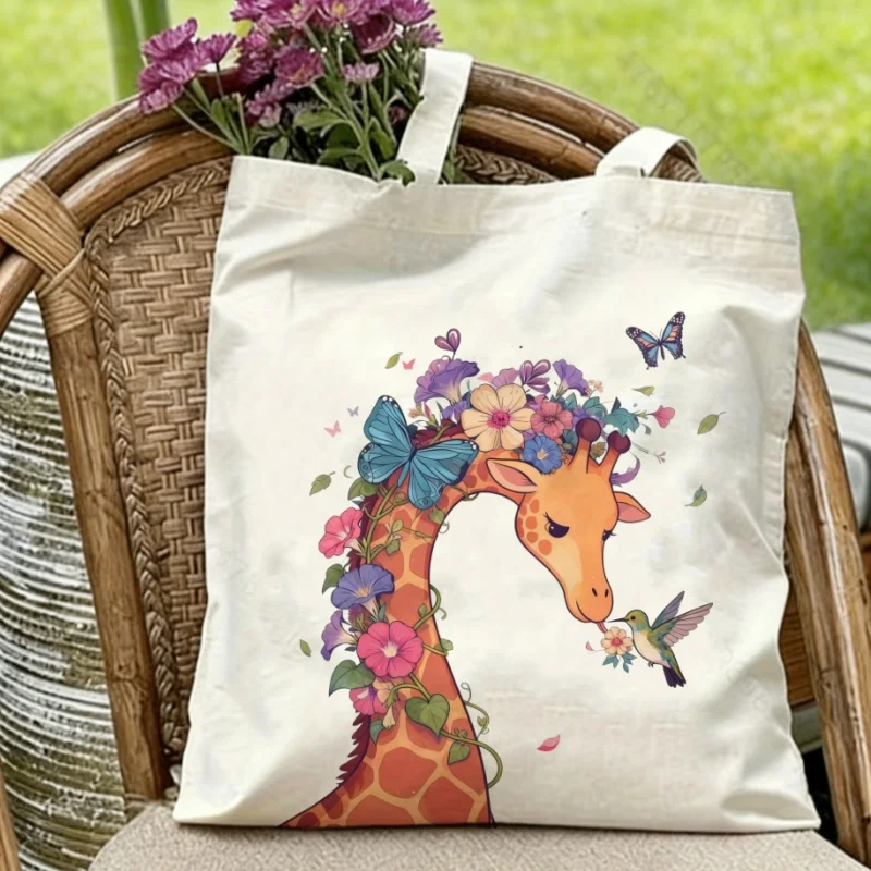 

1PC Floral Giraffe with Hummingbird & Butterflies Canvas Tote Eco-friendly Reusable Shoulder Bag
