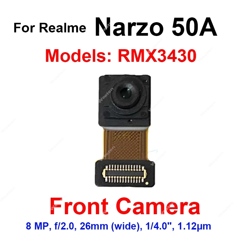 Front Rear Camera For Realme Narzo 50A 50i Prime Rear Front Camera Back Mian Front Selfie Facing Camera Module Flex Cable Repair
