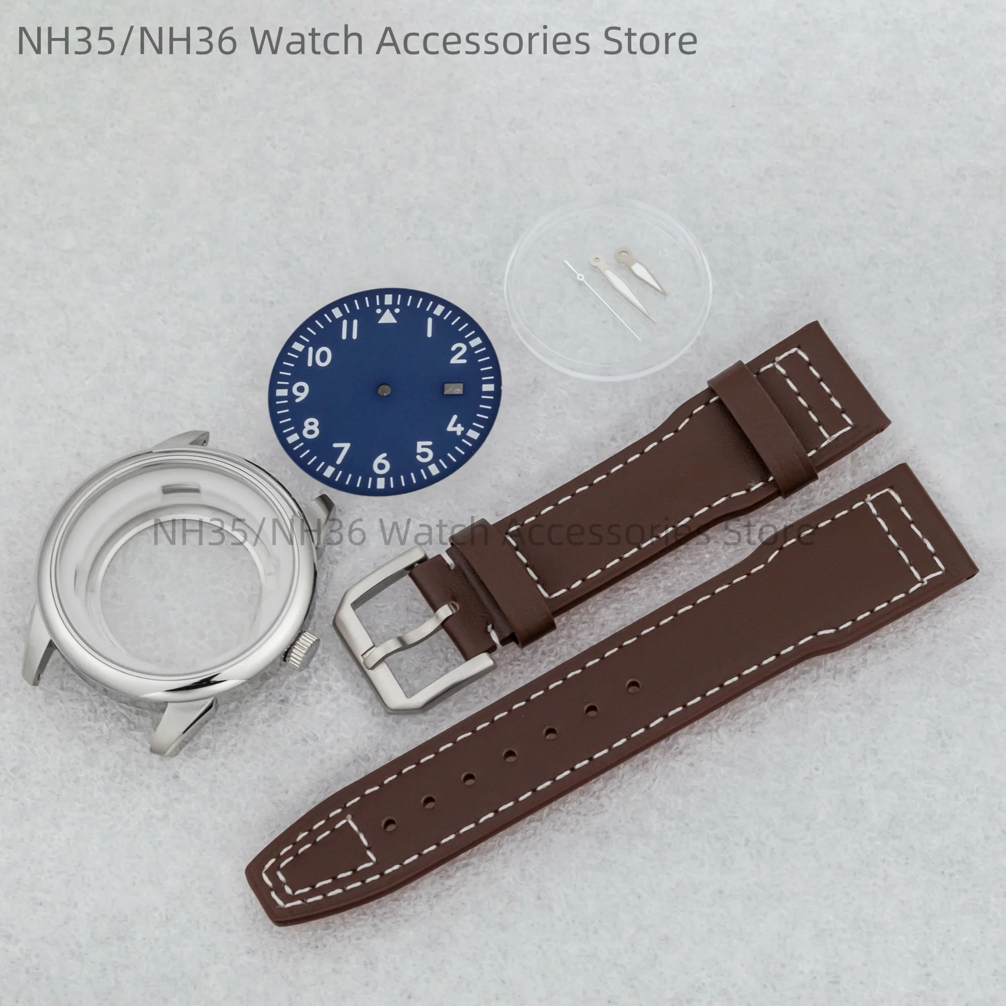 NH35 Case Genuine Leather Watch Strap Luminous Dial Hands 42.7mm Watch Case Stainless Steel for Mark XX fit NH35 NH36 Movement