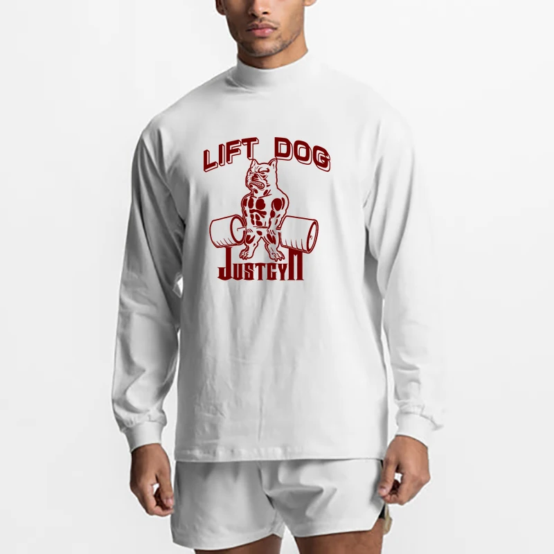 LIFT DOG Cotton Oversized Long Sleeve Casual Shirts Men Autumn Turtleneck Dropped Shoulder Loose Tops Gym Sports Fitness T-Shirt