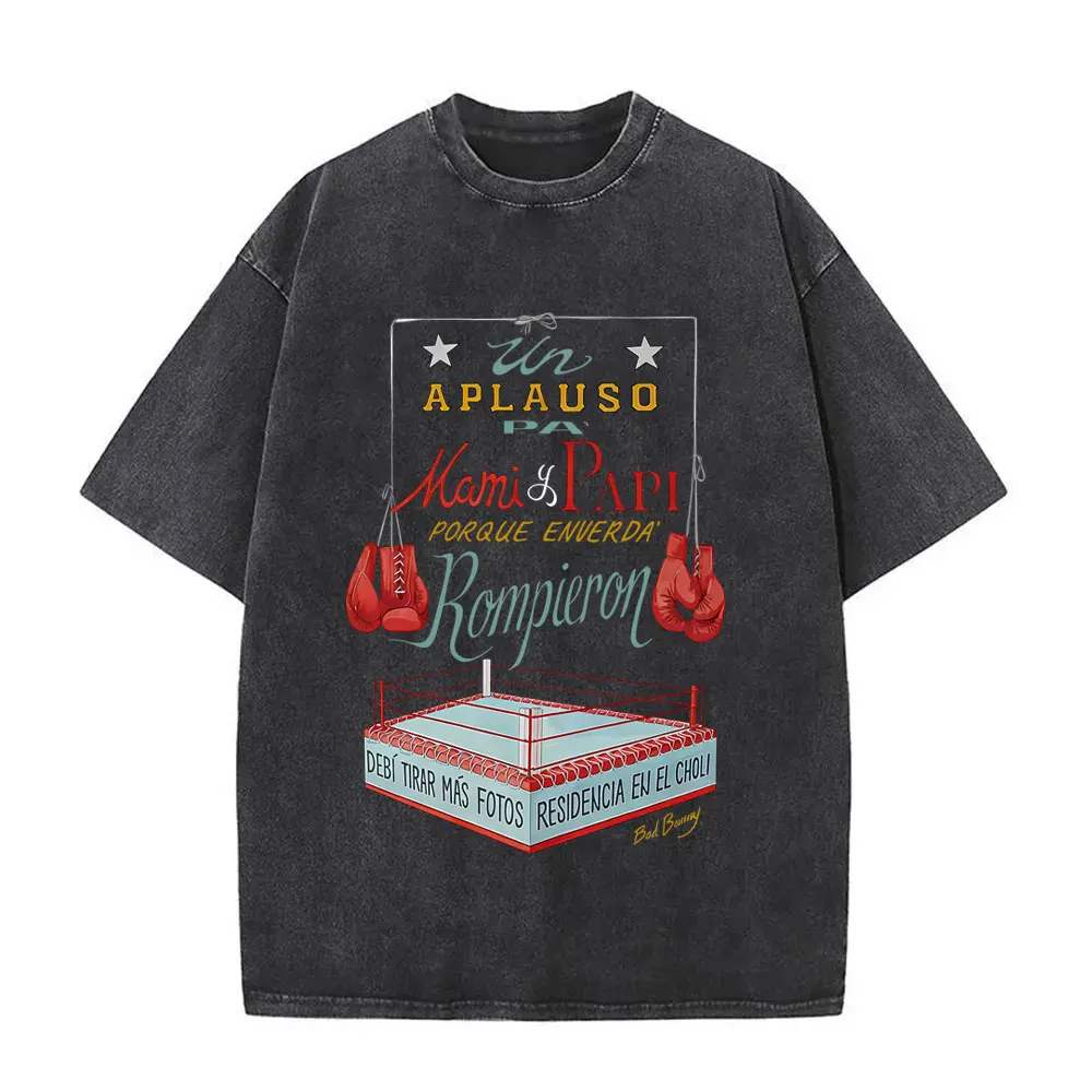 Short Sleeved Round Neck Y2k Tshirt Men Washed Vintage Bad Bunny No Me Quiero Ir De Aquí Residency Debi Tirar Mas Fotos DTMF