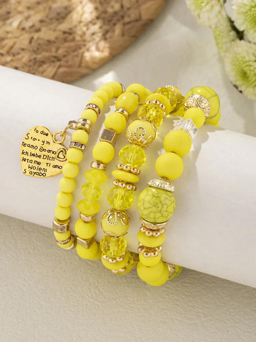 4-teiliges Boho-Armband-Set mit Kristallperlen und Kettendesign für Damen, Vintage-Herzanhänger, elastisches Armband, modischer Party-Schmuck für Frauen – Detail 22