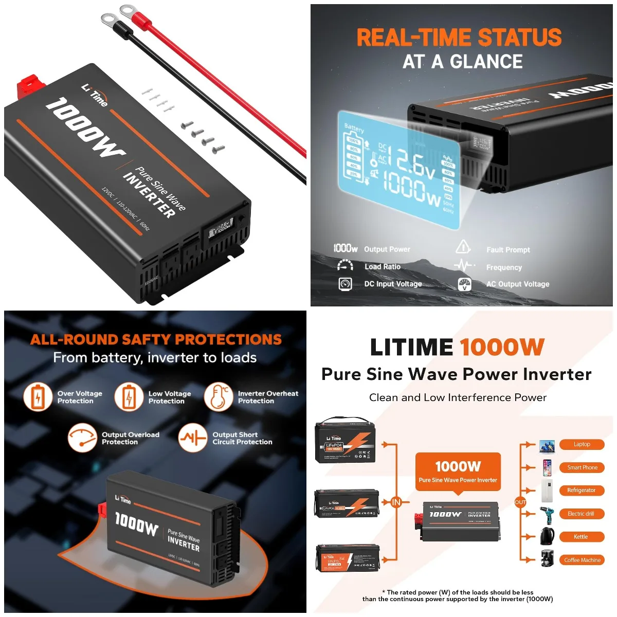 

1000W Pure Sine Wave Inverter 12V to 120V AC with LCD Display for Home, RV, Camping