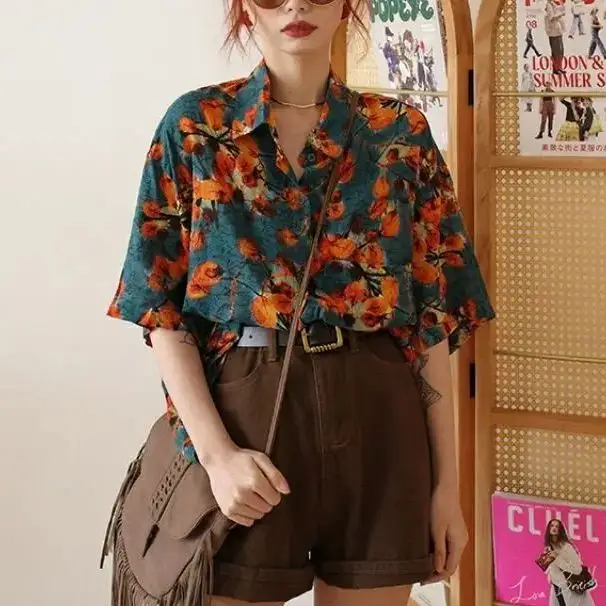 

Flower Print Shirt Short Retro Vacation T Shirt Loose Lazy And Casual Vintage Y2K Clothes Summer Blouses Woman