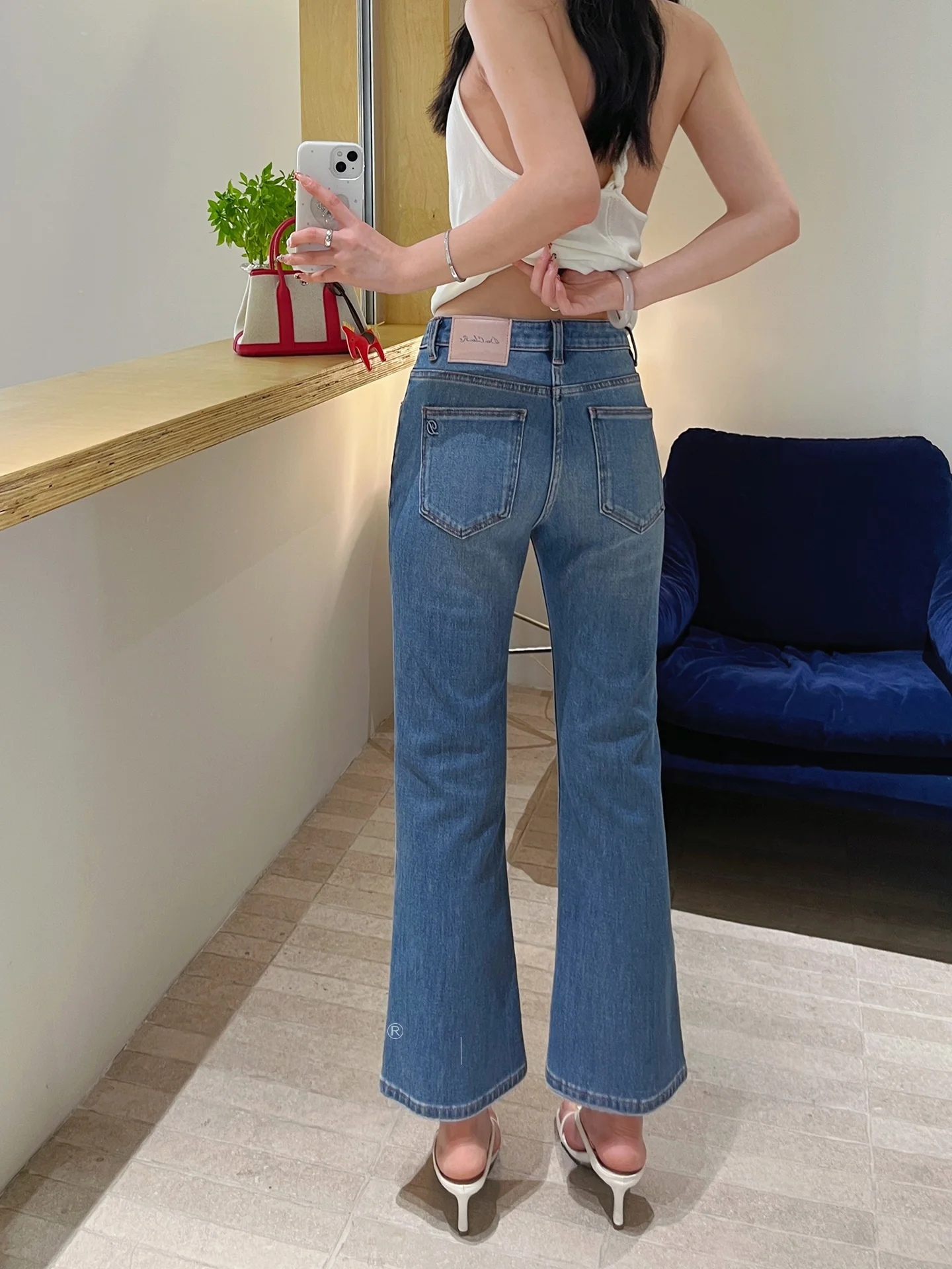

High Waist Bell Bottom Jeans Women's Spring New Style Elastic Slimming Nine Points Blue Cotton Stretch Denim Retro Washed