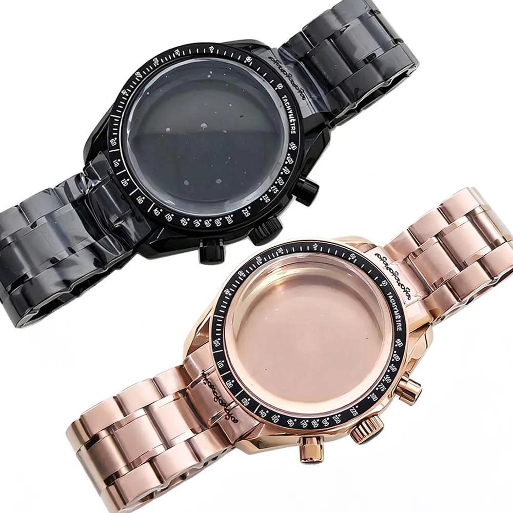 

40mm Watch Case Strap for VK63 Quartz Movement Stainless Steel Black/Rose Shell Mineral Glass Case Bracelet Watch Accessories