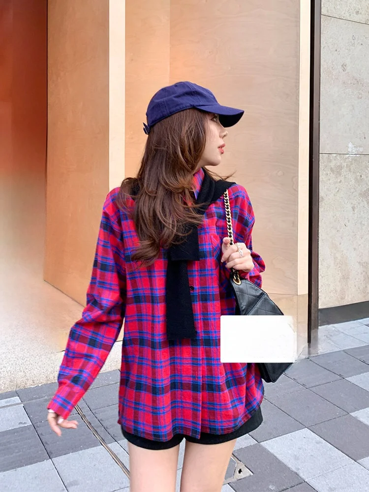 

Cheeseandkisses Italian Row Sle 0O High Cotton Vintage Red And Blue Plaid Collar Long Sve irt Women's Casual Loose Fit
