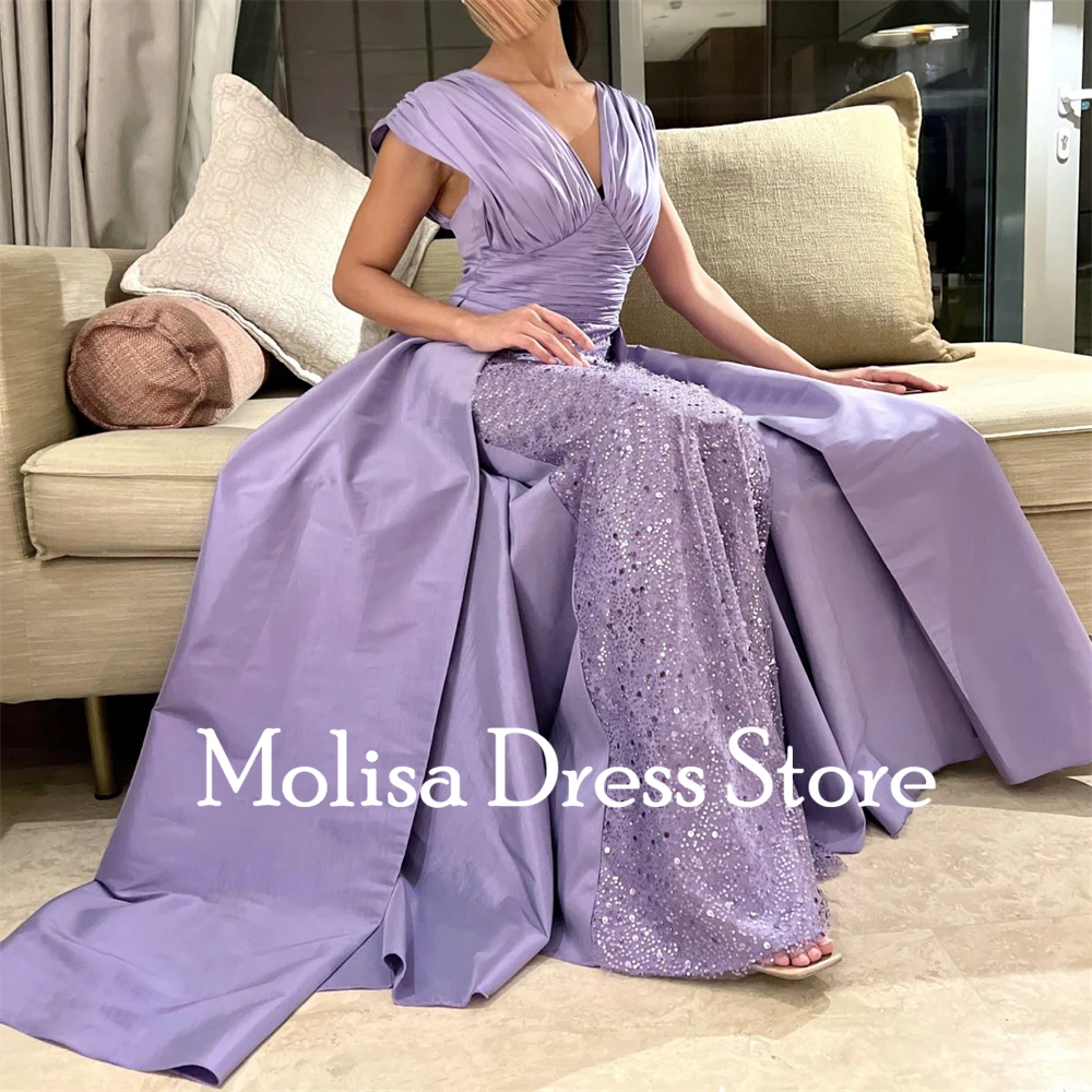 Fashion V-Neck Lilac Mermaid Satin Sequins Formal Occasion Prom Dresses Floor-length Women Evening Party Dress  فساتين السهرة