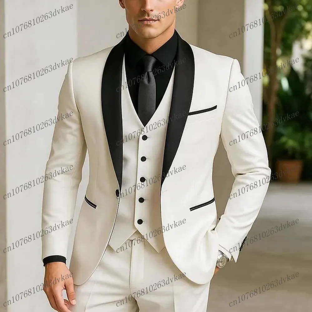 

New White And Black Men Suit Wedding Party Formal Groom Groomsman Prom Business Male Tuxedos 3 Piece Set Jacket Vest Pants