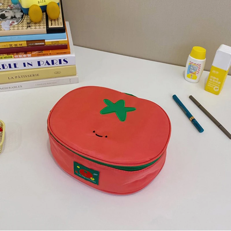 1 unidade de Bolsa de Maquiagem em Formato de Tomate, Impermeável, de Nylon, Organizador de Cosméticos Portátil, Estojo de Armazenamento para Higiene Pessoal