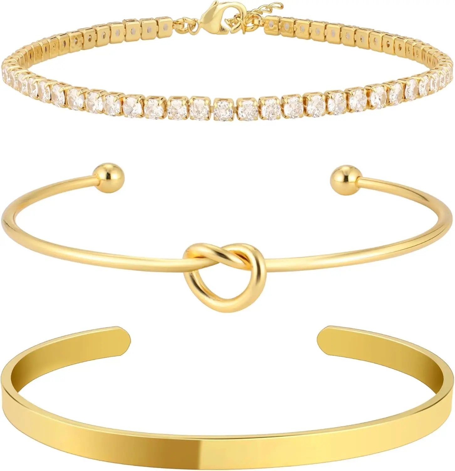 Gold Cuff Bangle with Knot Design for Women, Stackable Plated Tennis Bracelet Set, Trendy Cubic Zirconia Jewelry
