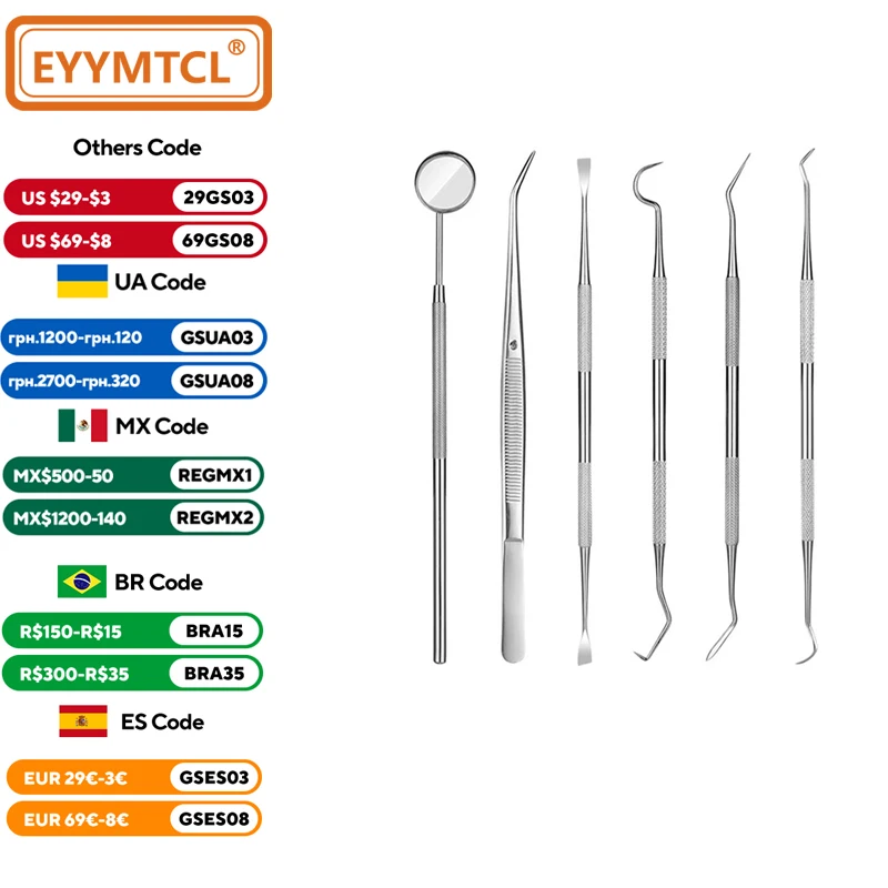 Dental Teeth Cleaning Tool Kit Oral Mirror Forceps Calculus Scraper 6pcs Stainless Steel Silver Dental Instruments